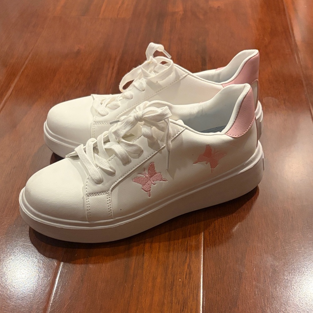 White and Pink Butterfly Women's Sneakers